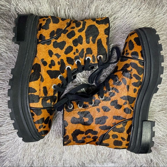 SCHUTZ Maylova Leopard Calf Hair Combat Womens Ankle Boots - Picture 2 of 15